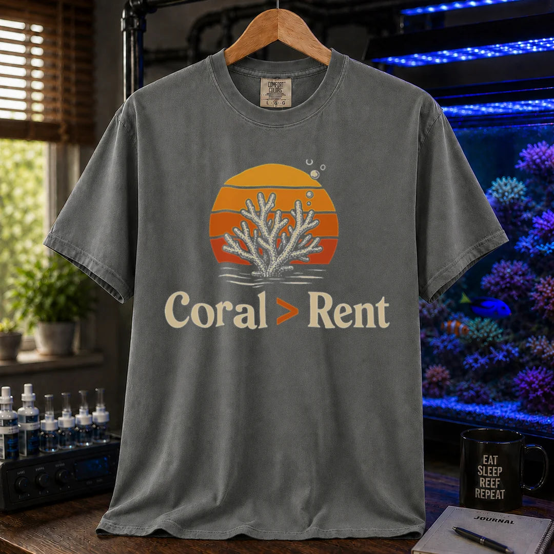 Saltwater aquarium graphic t-shirt featuring a retro sunset and coral illustration with text: Coral > Rent, grey crew neck tee