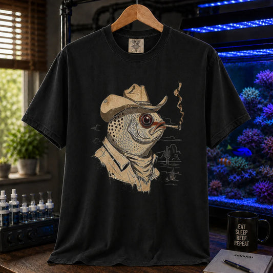 Saltwater aquarium graphic t-shirt featuring a vintage illustration of a fish in a cowboy hat smoking, black crew neck tee