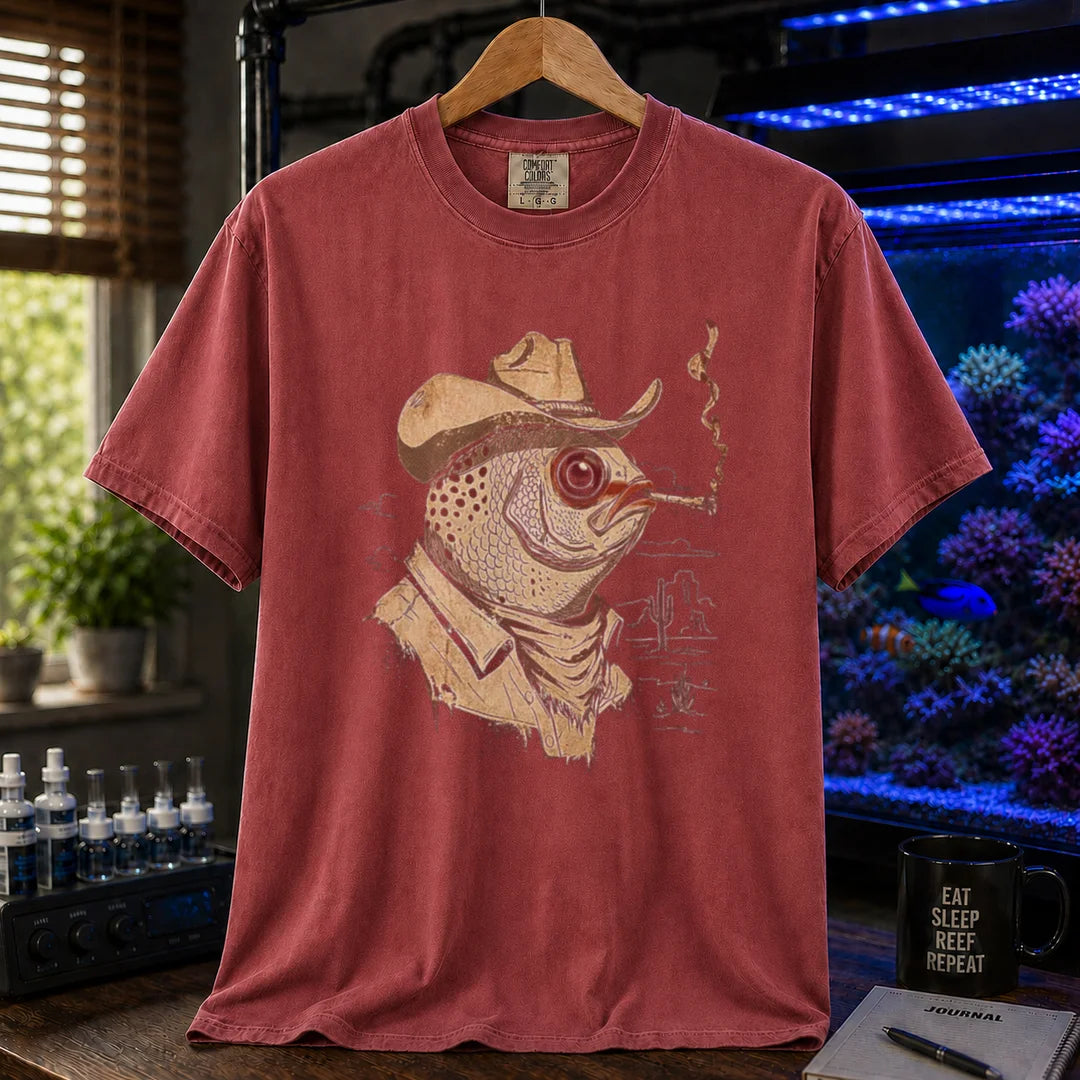 Saltwater aquarium graphic t-shirt featuring a vintage illustration of a fish in a cowboy hat smoking, maroon crew neck tee