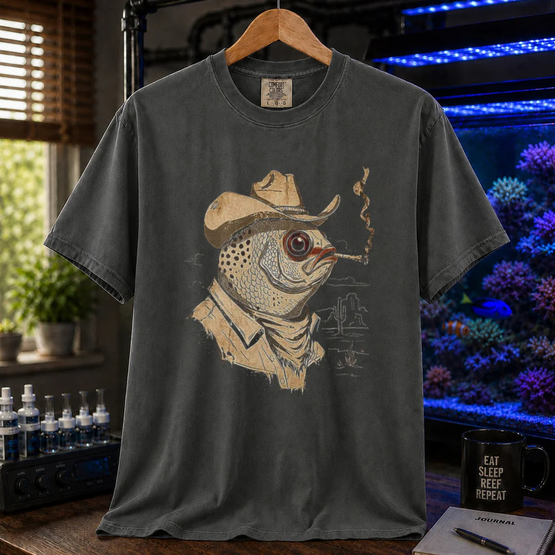 Saltwater aquarium graphic t-shirt featuring a vintage illustration of a fish in a cowboy hat smoking, khaki crew neck tee