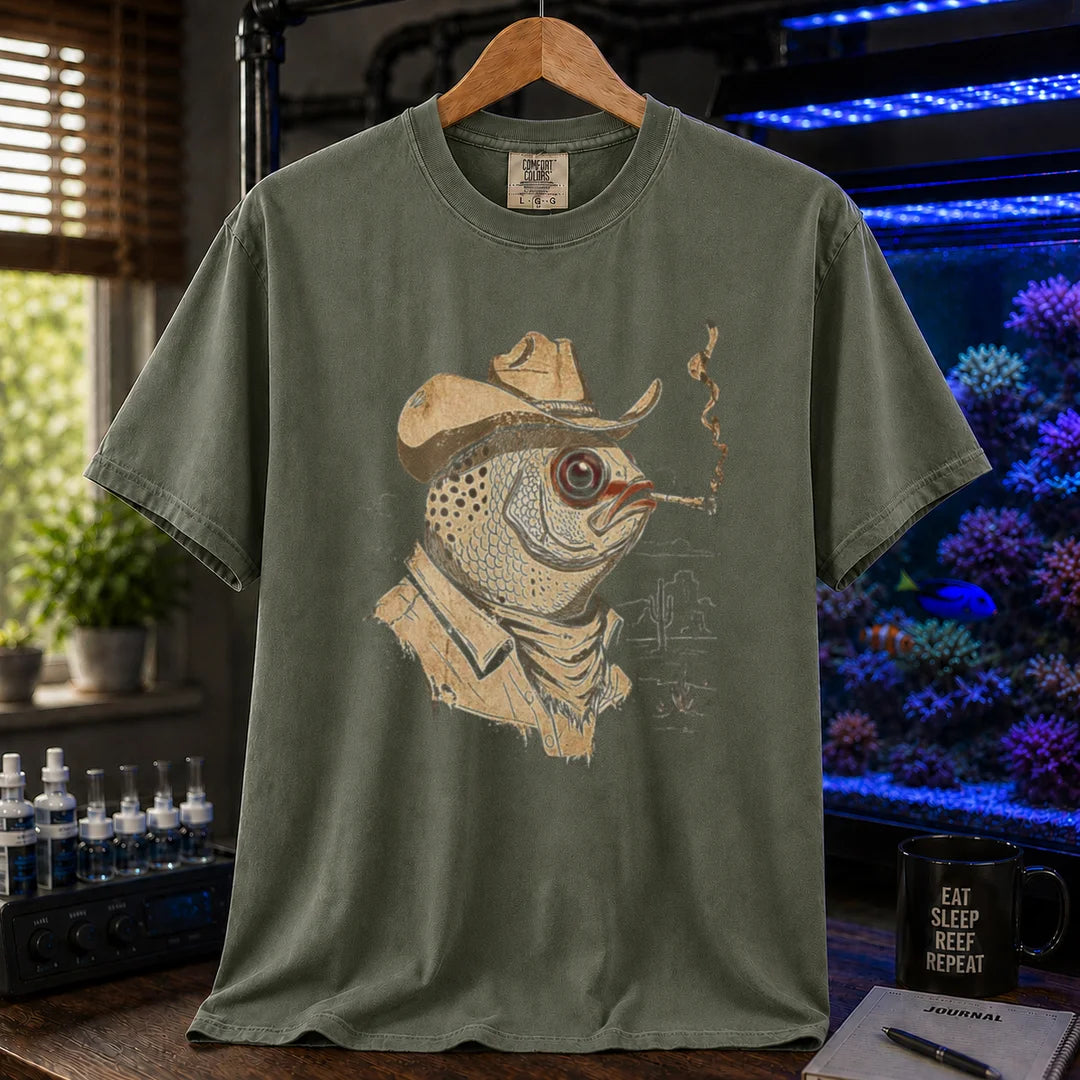 Saltwater aquarium graphic t-shirt featuring a vintage illustration of a fish in a cowboy hat smoking, military green crew neck tee