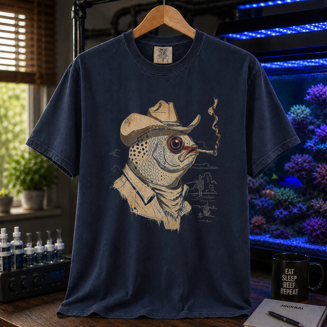 Saltwater aquarium graphic t-shirt featuring a vintage illustration of a fish in a cowboy hat smoking, navy crew neck tee