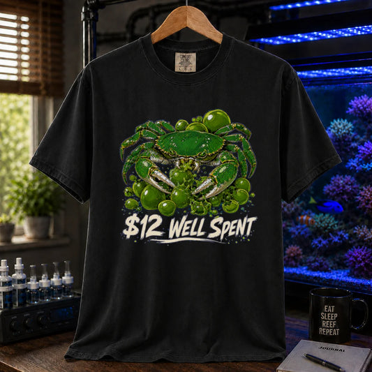Saltwater aquarium graphic t-shirt featuring an illustration of an emerald crab with text: $12 WELL SPENT, black crew neck tee