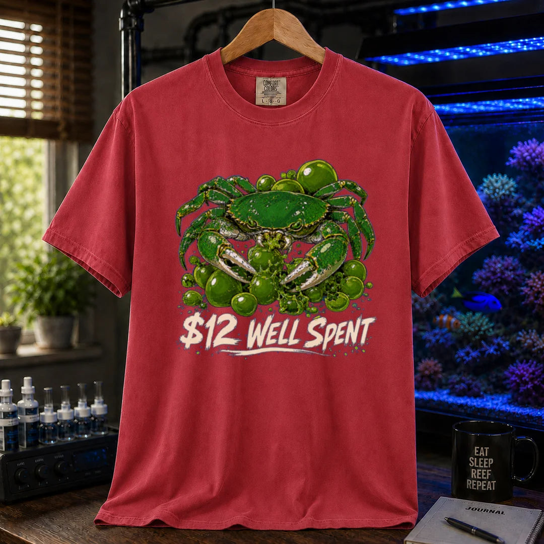 Saltwater aquarium graphic t-shirt featuring an illustration of an emerald crab with text: $12 WELL SPENT, red crew neck tee