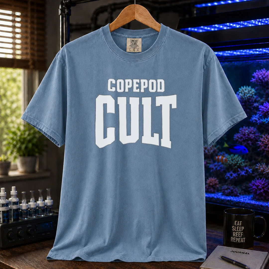 Saltwater aquarium graphic t-shirt featuring bold collegiate text: COPEPOD CULT, blue crew neck tee
