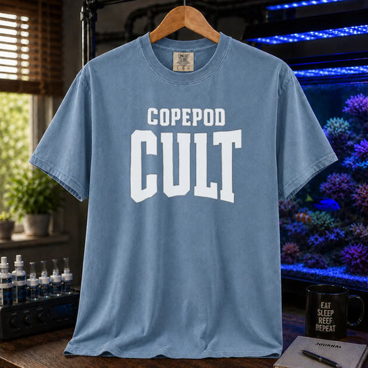 Saltwater aquarium graphic t-shirt featuring bold collegiate text: COPEPOD CULT, blue crew neck tee