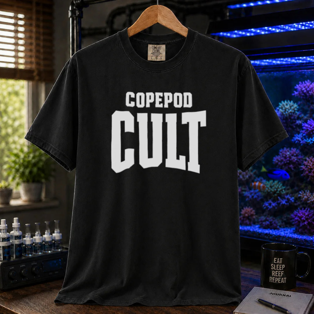 Saltwater aquarium graphic t-shirt featuring bold collegiate text: COPEPOD CULT, black crew neck tee