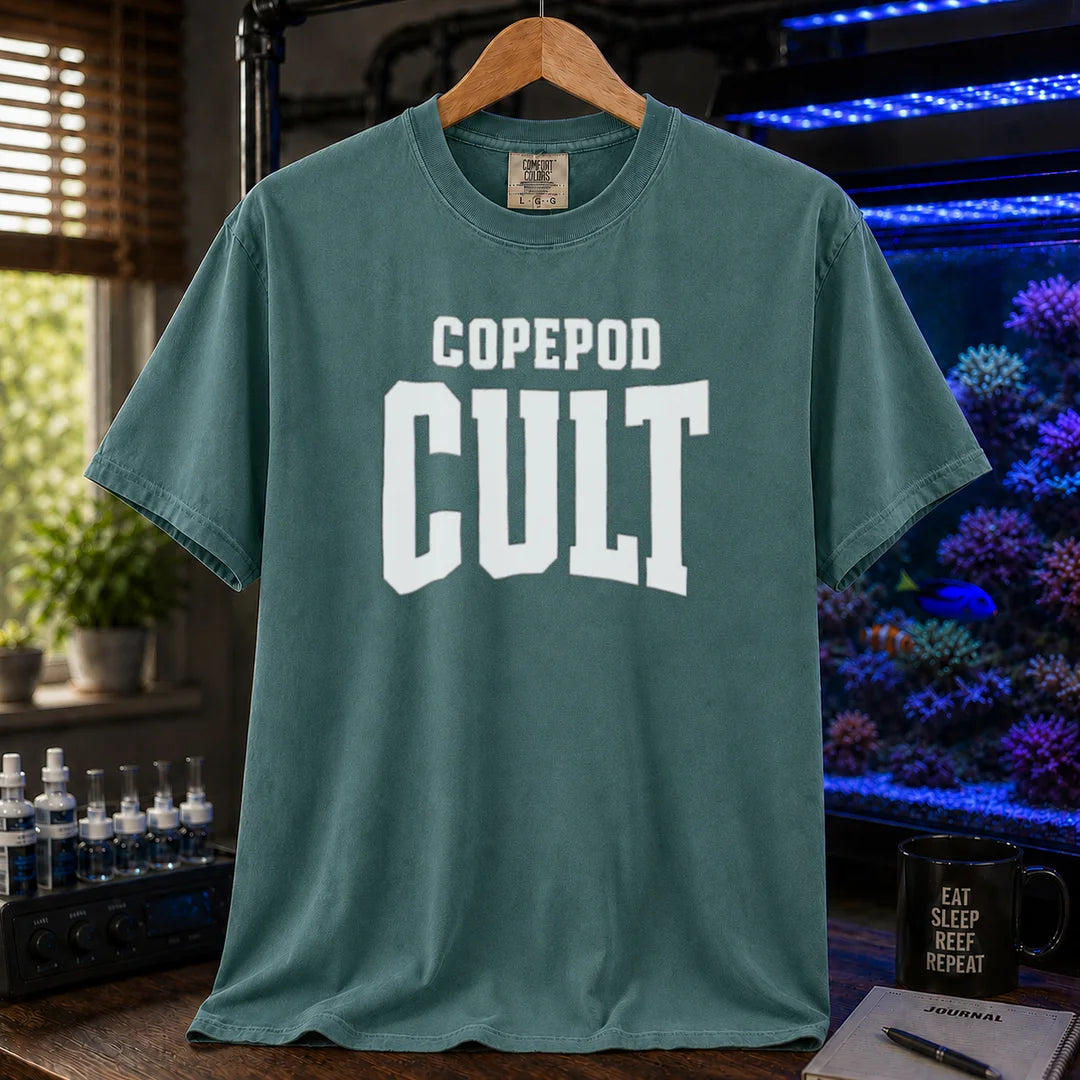 Saltwater aquarium graphic t-shirt featuring bold collegiate text: COPEPOD CULT, green crew neck tee