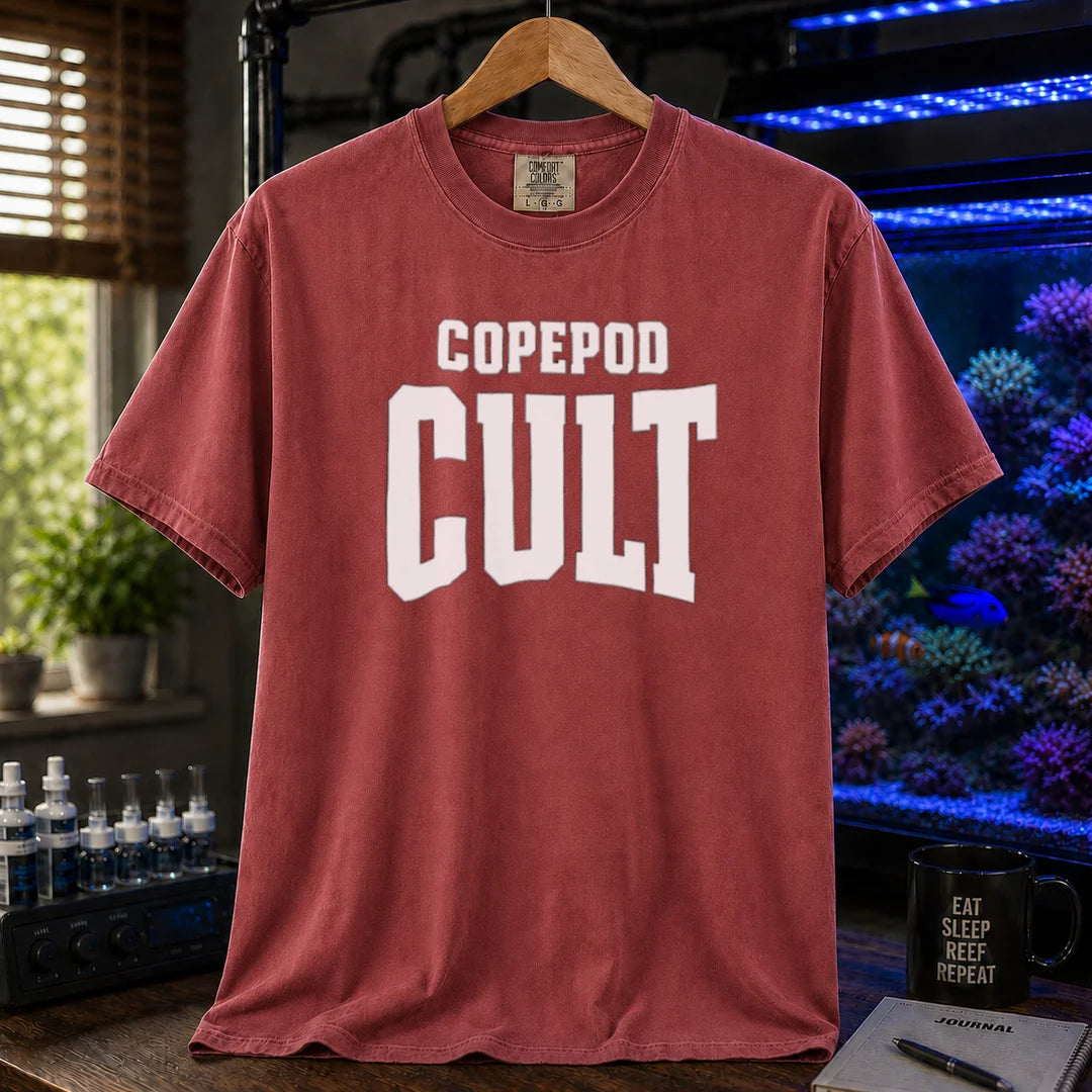 Saltwater aquarium graphic t-shirt featuring bold collegiate text: COPEPOD CULT, maroon crew neck tee