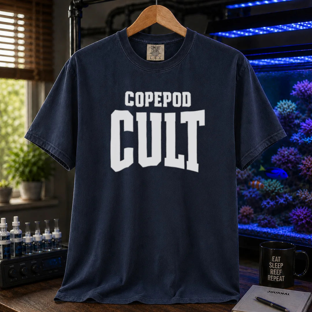 Saltwater aquarium graphic t-shirt featuring bold collegiate text: COPEPOD CULT, navy crew neck tee