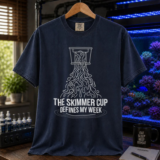 Saltwater aquarium graphic t-shirt featuring a line art illustration of a protein skimmer cup with text: THE SKIMMER CUP DEFINES MY WEEK, navy crew neck tee