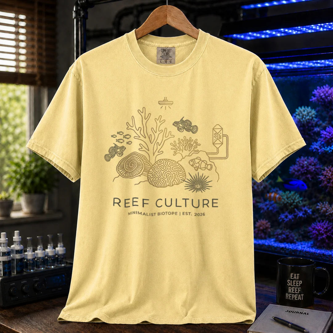 Saltwater aquarium graphic t-shirt featuring a minimalist line-art biotope illustration and text: REEF CULTURE MINIMALIST BIOTOPE | EST. 2026, yellow crew neck tee