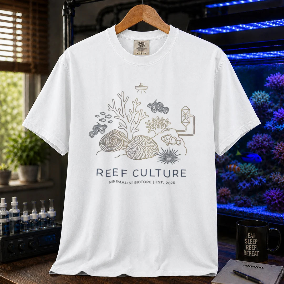 Saltwater aquarium graphic t-shirt featuring a minimalist line-art biotope illustration and text: REEF CULTURE MINIMALIST BIOTOPE | EST. 2026, white crew neck tee
