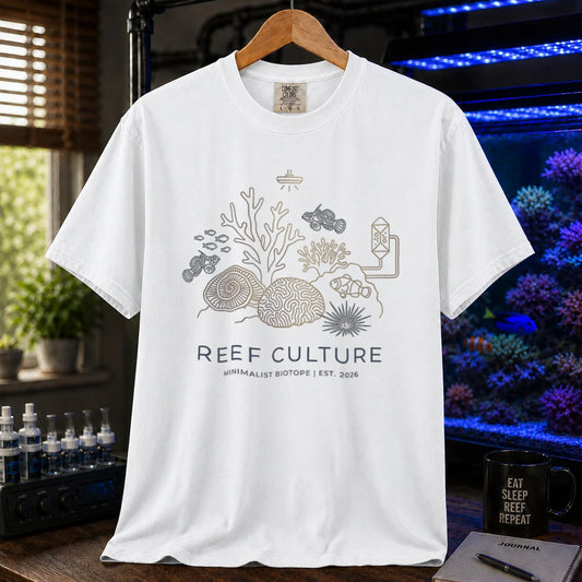 Saltwater aquarium graphic t-shirt featuring a minimalist line-art biotope illustration and text: REEF CULTURE MINIMALIST BIOTOPE | EST. 2026, white crew neck tee