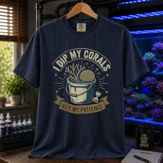 Saltwater aquarium graphic t-shirt featuring a bucket illustration and text: I DIP MY CORALS, NOT MY PATIENCE, navy crew neck tee