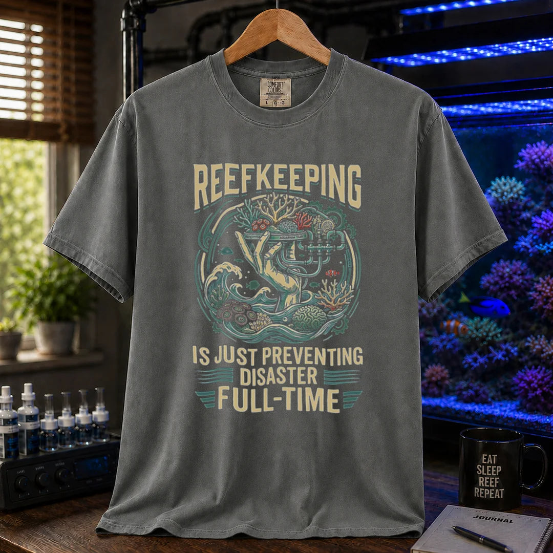 Saltwater aquarium graphic t-shirt featuring an intricate illustration and text: REEFKEEPING IS JUST PREVENTING DISASTER FULL-TIME, grey crew neck tee