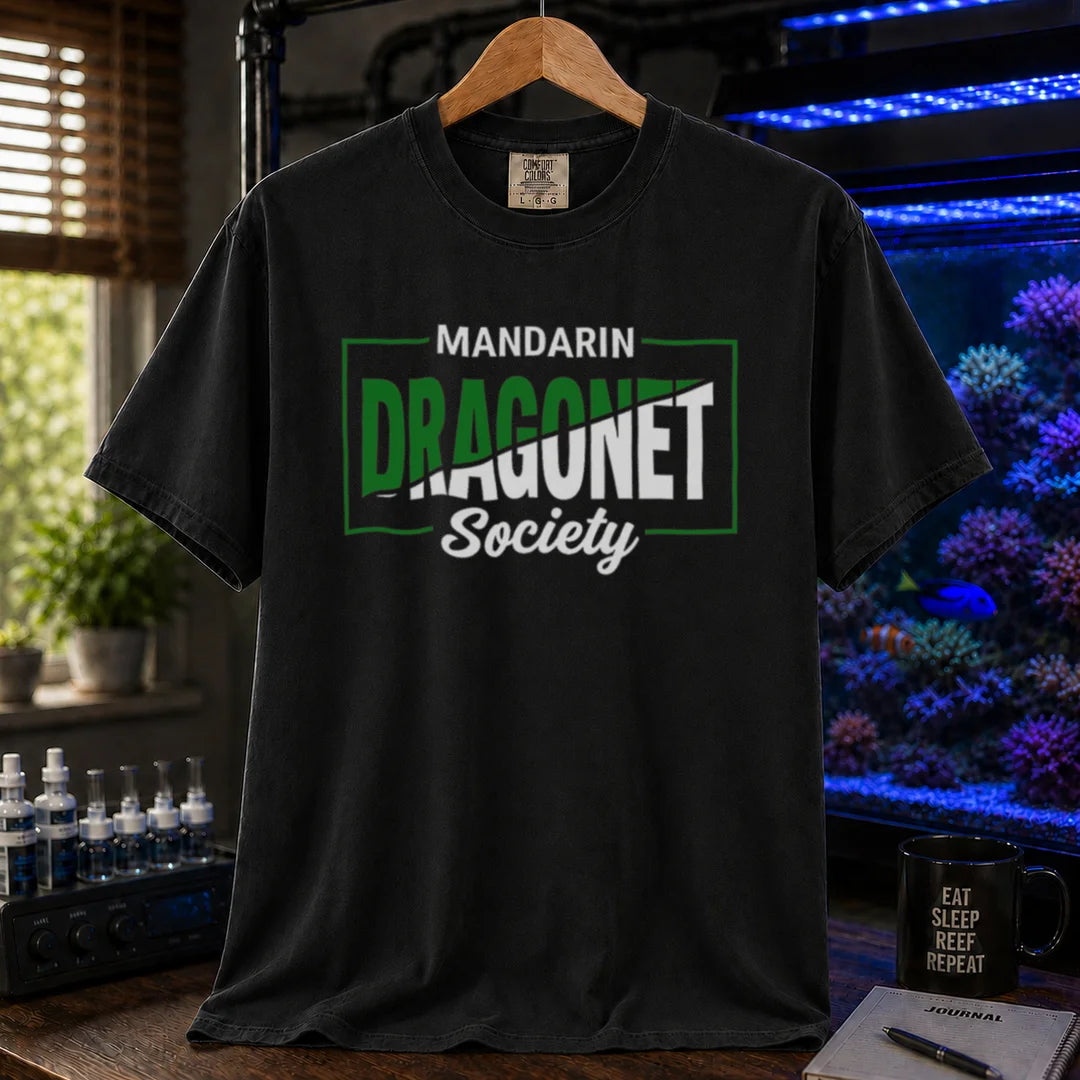 Saltwater aquarium graphic t-shirt featuring framed typography: MANDARIN DRAGONET Society, black crew neck tee
