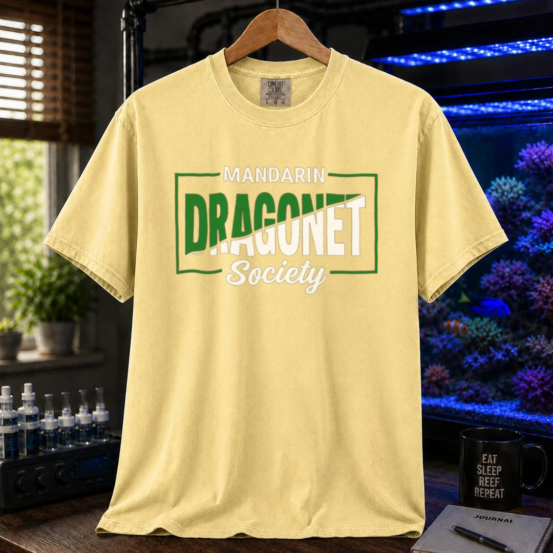 Saltwater aquarium graphic t-shirt featuring framed typography: MANDARIN DRAGONET Society, yellow crew neck tee