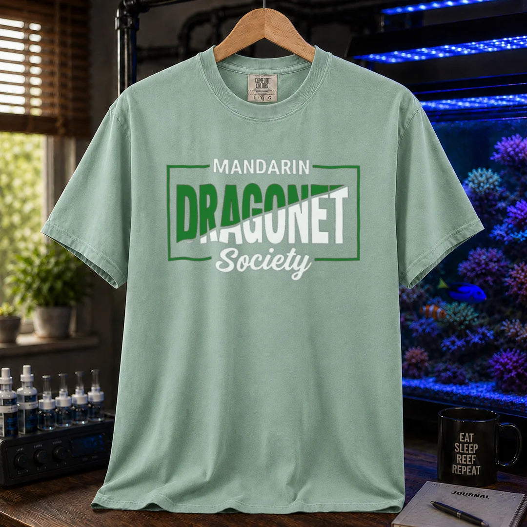 Saltwater aquarium graphic t-shirt featuring framed typography: MANDARIN DRAGONET Society, green crew neck tee