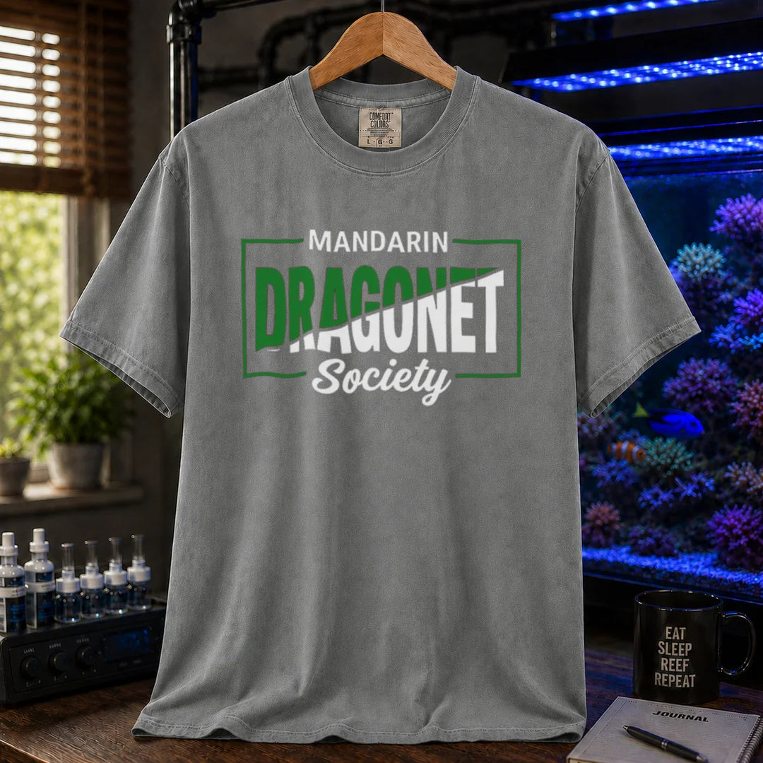 Saltwater aquarium graphic t-shirt featuring framed typography: MANDARIN DRAGONET Society, grey crew neck tee