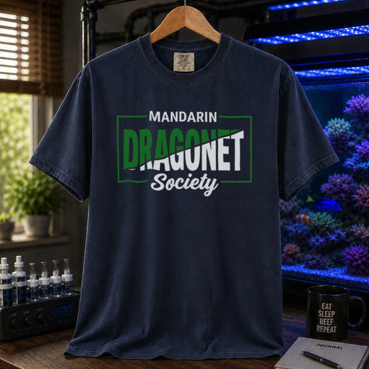 Saltwater aquarium graphic t-shirt featuring framed typography: MANDARIN DRAGONET Society, navy crew neck tee