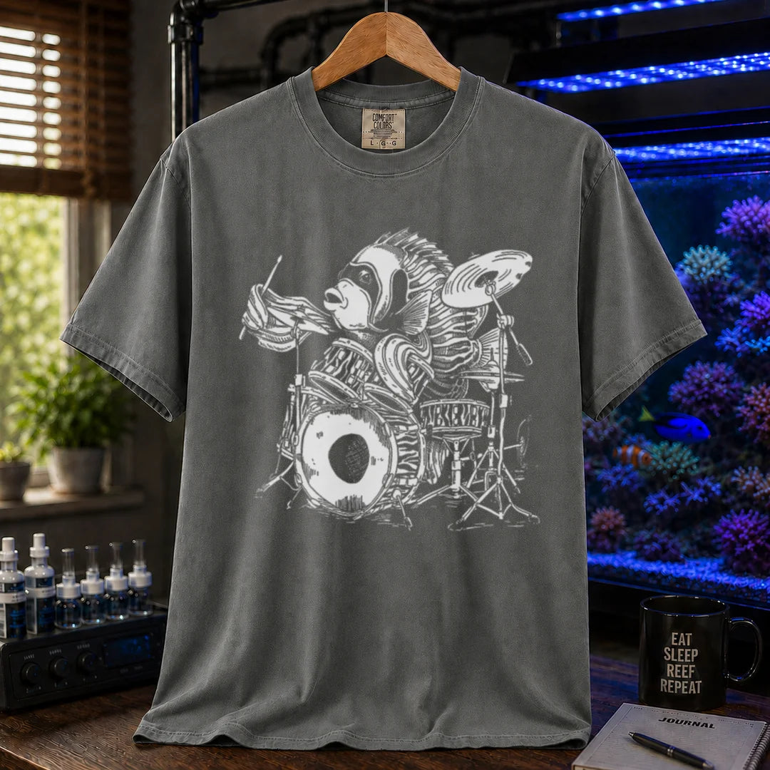 Saltwater aquarium graphic t-shirt featuring a detailed illustration of a spotted drum fish playing a drum kit, grey crew neck tee