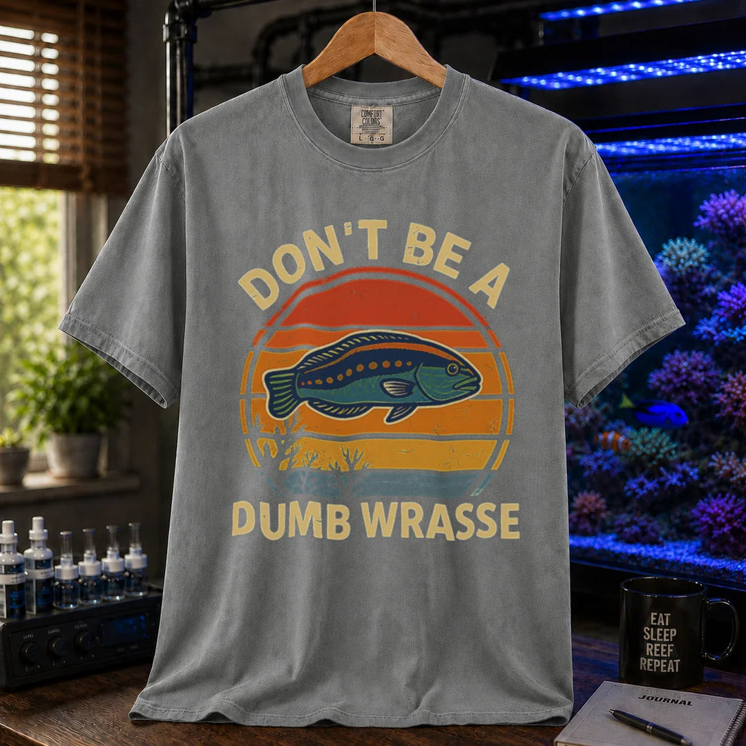 Saltwater aquarium graphic t-shirt featuring a retro sunset and wrasse illustration with text: DON'T BE A DUMB WRASSE, grey crew neck tee