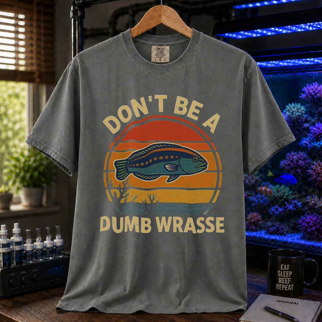 Saltwater aquarium graphic t-shirt featuring a retro sunset and wrasse illustration with text: DON'T BE A DUMB WRASSE, grey crew neck tee