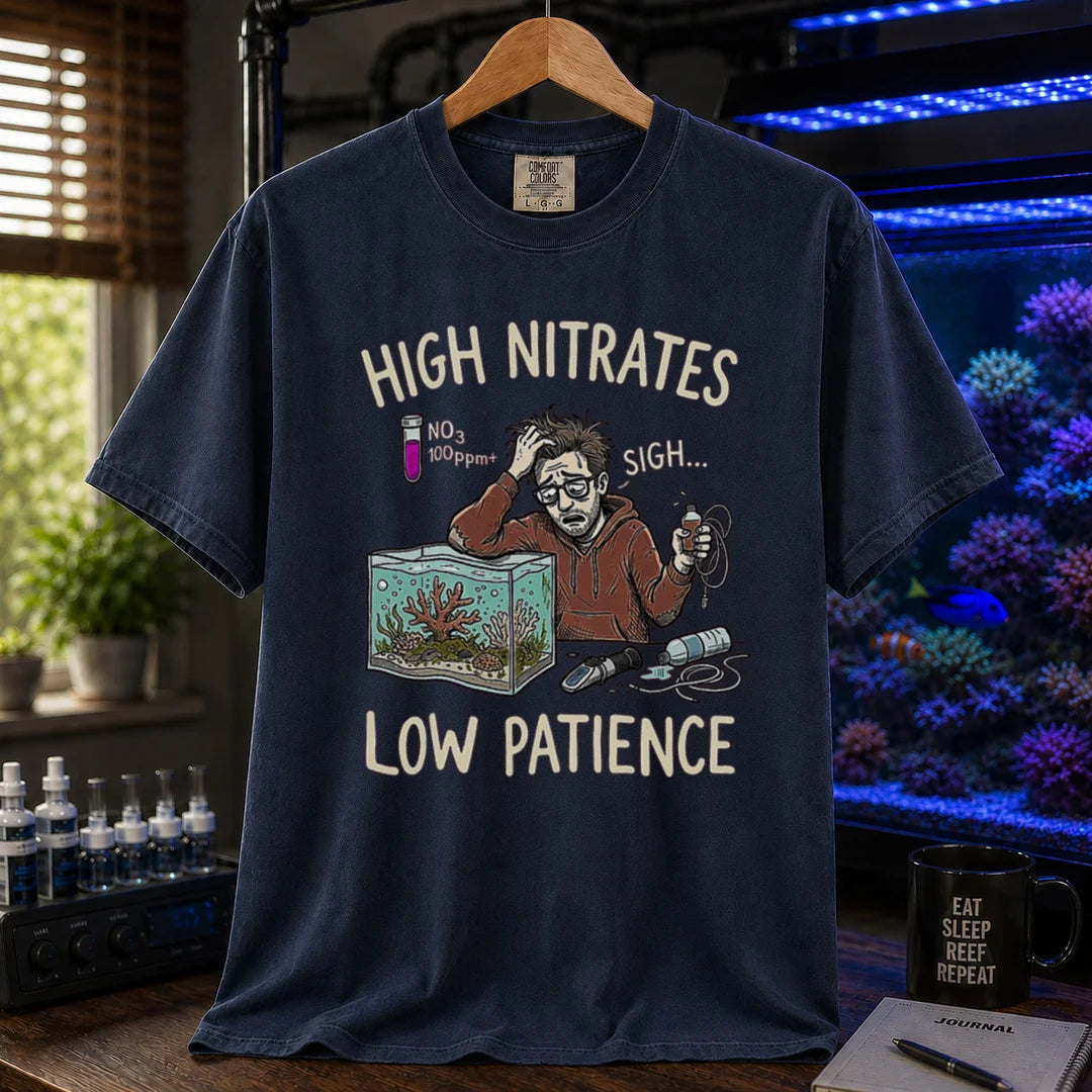 Saltwater aquarium graphic t-shirt featuring a stressed aquarist illustration and text: HIGH NITRATES LOW PATIENCE, navy crew neck tee