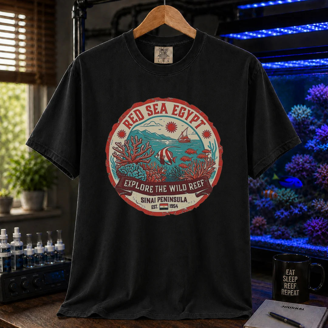 Saltwater aquarium graphic t-shirt featuring a vintage Red Sea Egypt circular emblem and text: RED SEA EGYPT EXPLORE THE WILD REEF, black crew neck tee