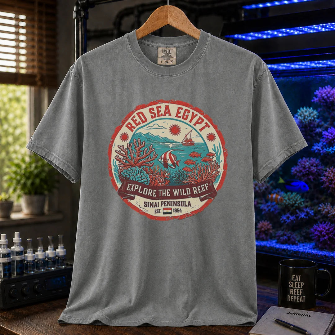 Saltwater aquarium graphic t-shirt featuring a vintage Red Sea Egypt circular emblem and text: RED SEA EGYPT EXPLORE THE WILD REEF, grey crew neck tee