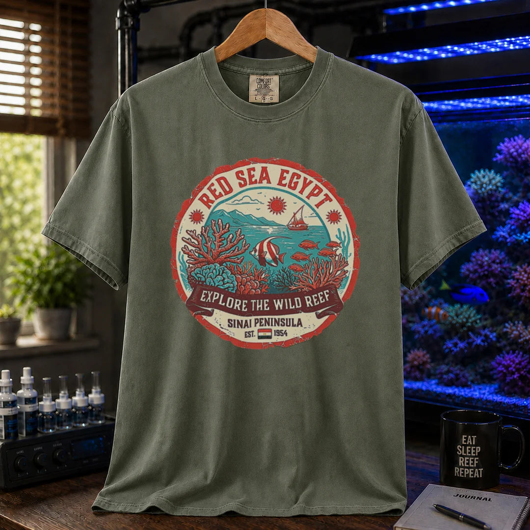 Saltwater aquarium graphic t-shirt featuring a vintage Red Sea Egypt circular emblem and text: RED SEA EGYPT EXPLORE THE WILD REEF, military green crew neck tee