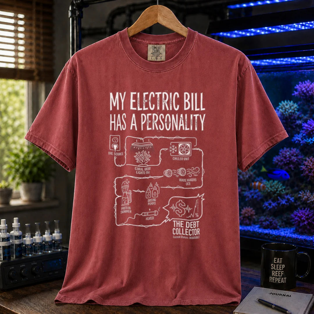 Saltwater aquarium graphic t-shirt featuring an equipment circuit diagram and text: MY ELECTRIC BILL HAS A PERSONALITY, maroon, red crew neck tee