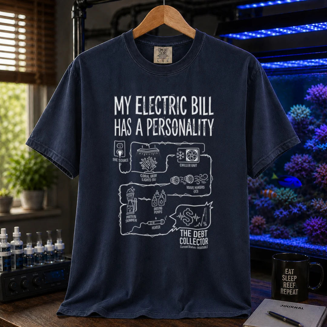 Saltwater aquarium graphic t-shirt featuring an equipment circuit diagram and text: MY ELECTRIC BILL HAS A PERSONALITY, navy crew neck tee