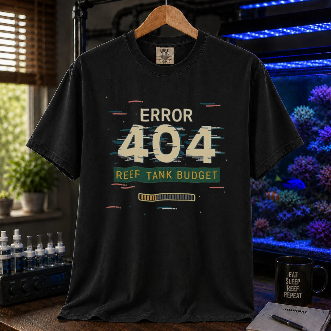 Saltwater aquarium graphic t-shirt featuring a digital glitch effect and text: ERROR 404 REEF TANK BUDGET, black crew neck tee
