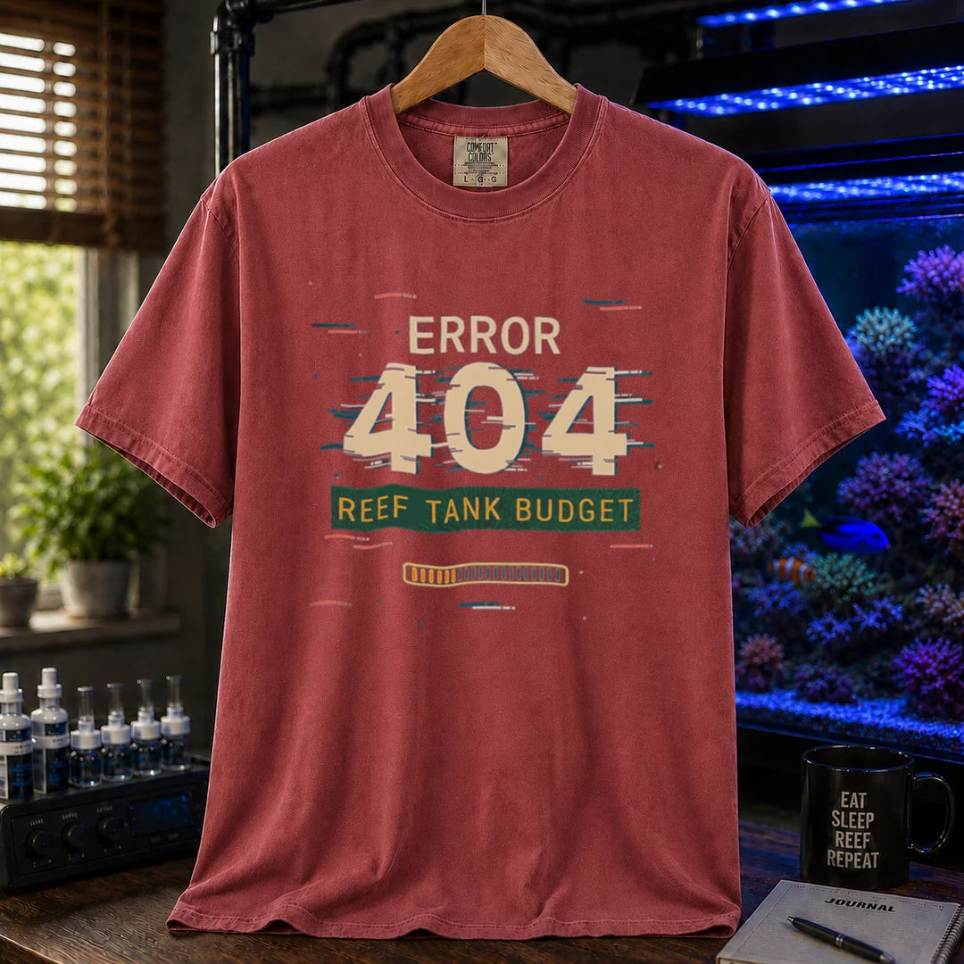 Saltwater aquarium graphic t-shirt featuring a digital glitch effect and text: ERROR 404 REEF TANK BUDGET, maroon, red crew neck tee