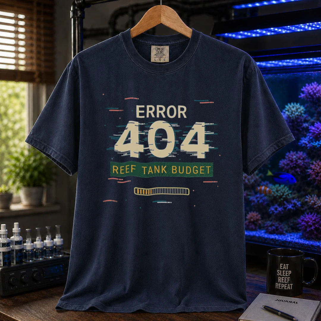 Saltwater aquarium graphic t-shirt featuring a digital glitch effect and text: ERROR 404 REEF TANK BUDGET, navy crew neck tee