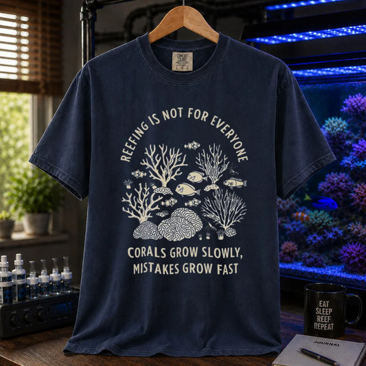 Saltwater aquarium graphic t-shirt featuring a detailed coral illustration and text: REEFING IS NOT FOR EVERYONE CORALS GROW SLOWLY, MISTAKES GROW FAST, navy crew neck tee
