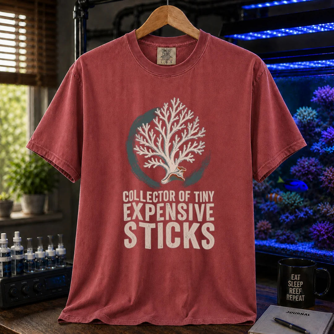 Saltwater aquarium graphic t-shirt featuring an SPS coral illustration and text: COLLECTOR OF TINY EXPENSIVE STICKS, maroon, red crew neck tee