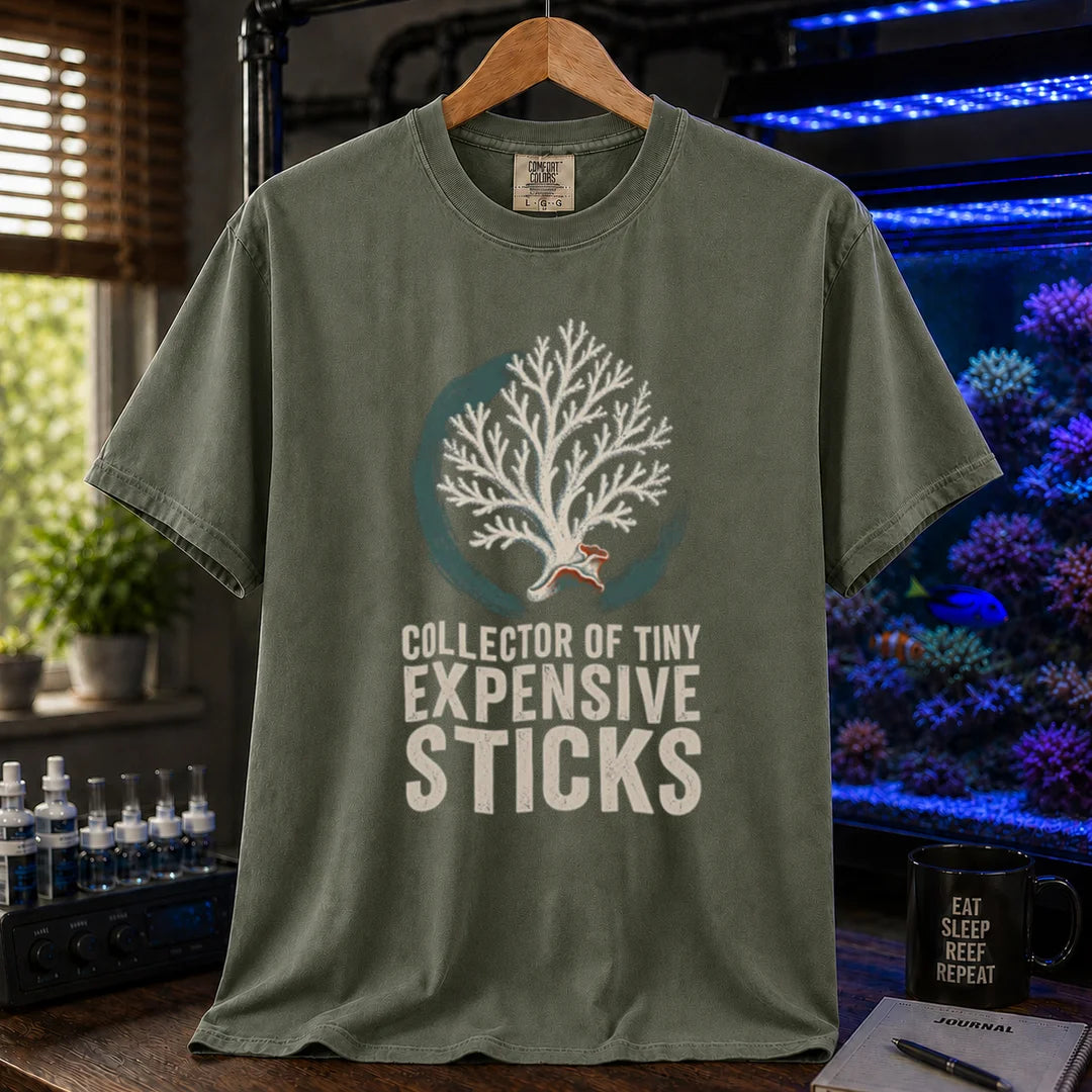 Saltwater aquarium graphic t-shirt featuring an SPS coral illustration and text: COLLECTOR OF TINY EXPENSIVE STICKS, military green crew neck tee