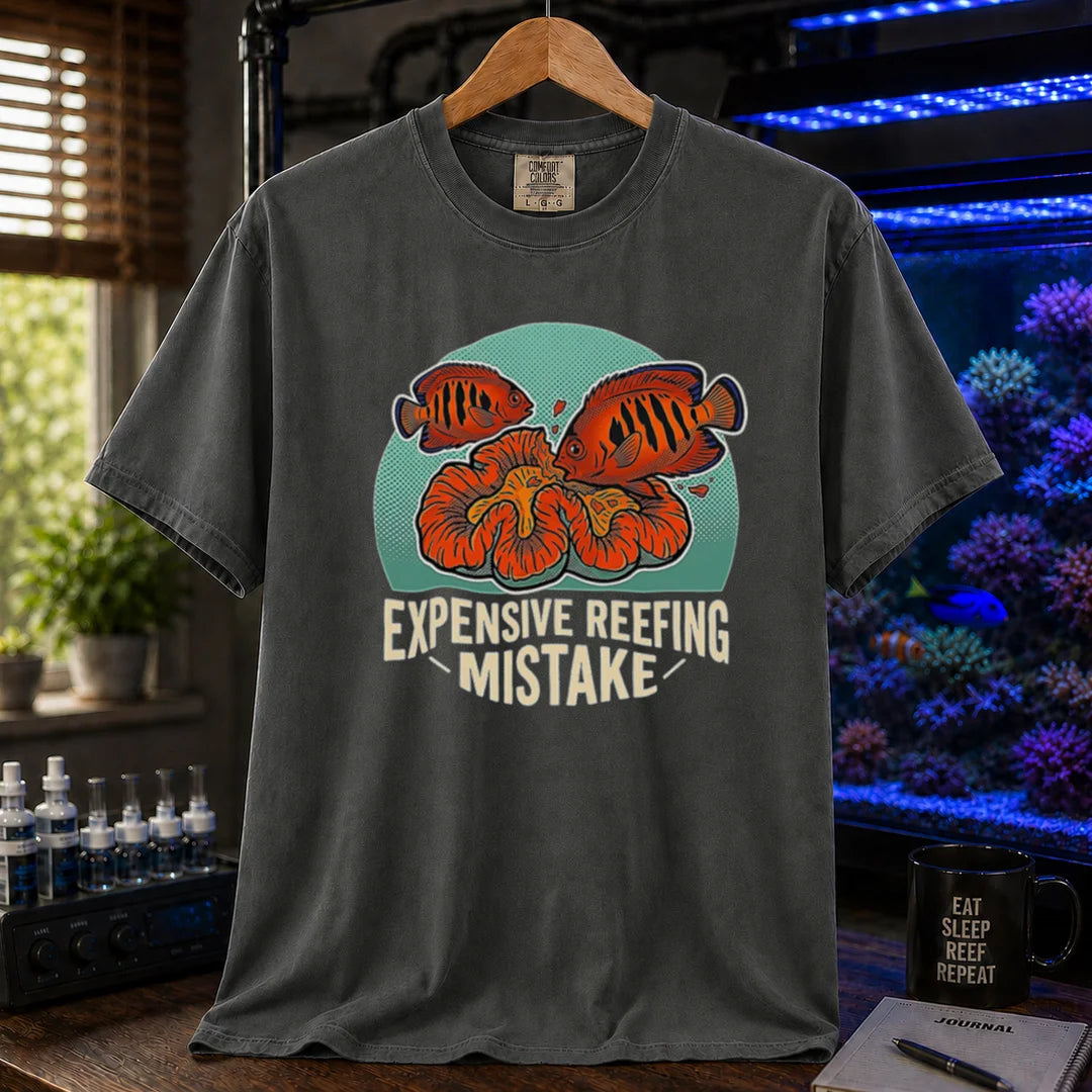 Saltwater aquarium graphic t-shirt featuring vibrant fish and coral illustrations and text: EXPENSIVE REEFING MISTAKE, grey crew neck tee