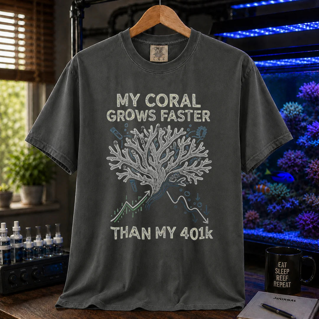 Saltwater aquarium graphic t-shirt featuring a branching coral illustration with stock chart graphs and text: MY CORAL GROWS FASTER THAN MY 401k, grey crew neck tee