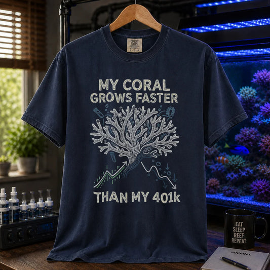Saltwater aquarium graphic t-shirt featuring a branching coral illustration with stock chart graphs and text: MY CORAL GROWS FASTER THAN MY 401k, navy crew neck tee