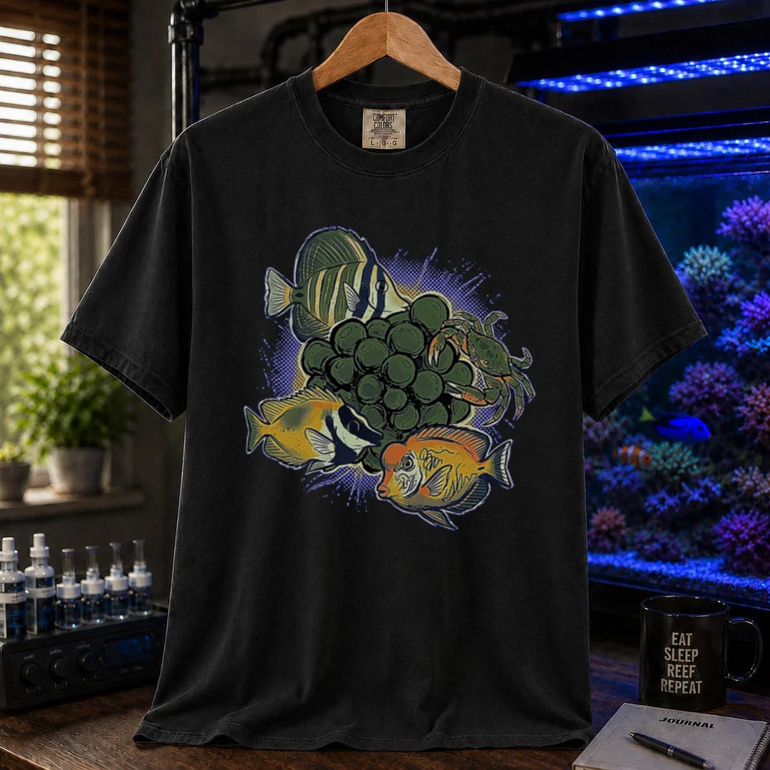 Saltwater aquarium graphic t-shirt featuring bubble algae and cleanup crew fish/crab illustrations with text: BUBBLE ALGAE EATER, black crew neck tee