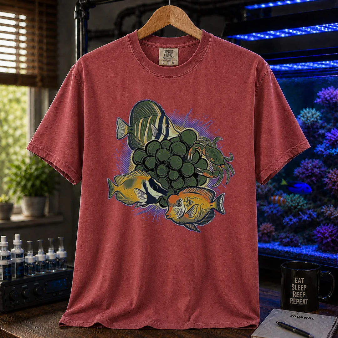 Saltwater aquarium graphic t-shirt featuring bubble algae and cleanup crew fish/crab illustrations with text: BUBBLE ALGAE EATER, maroon, red crew neck tee