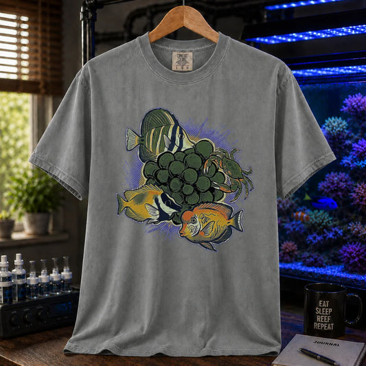 Saltwater aquarium graphic t-shirt featuring bubble algae and cleanup crew fish/crab illustrations with text: BUBBLE ALGAE EATER, grey crew neck tee