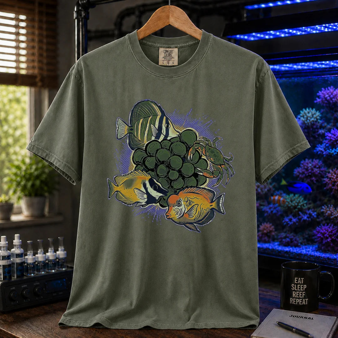 Saltwater aquarium graphic t-shirt featuring bubble algae and cleanup crew fish/crab illustrations with text: BUBBLE ALGAE EATER, military green crew neck tee