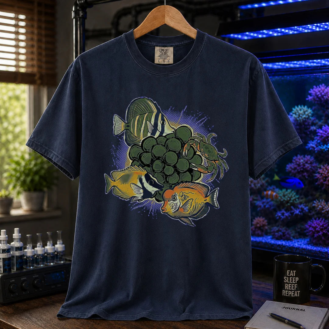 Saltwater aquarium graphic t-shirt featuring bubble algae and cleanup crew fish/crab illustrations with text: BUBBLE ALGAE EATER, navy crew neck tee
