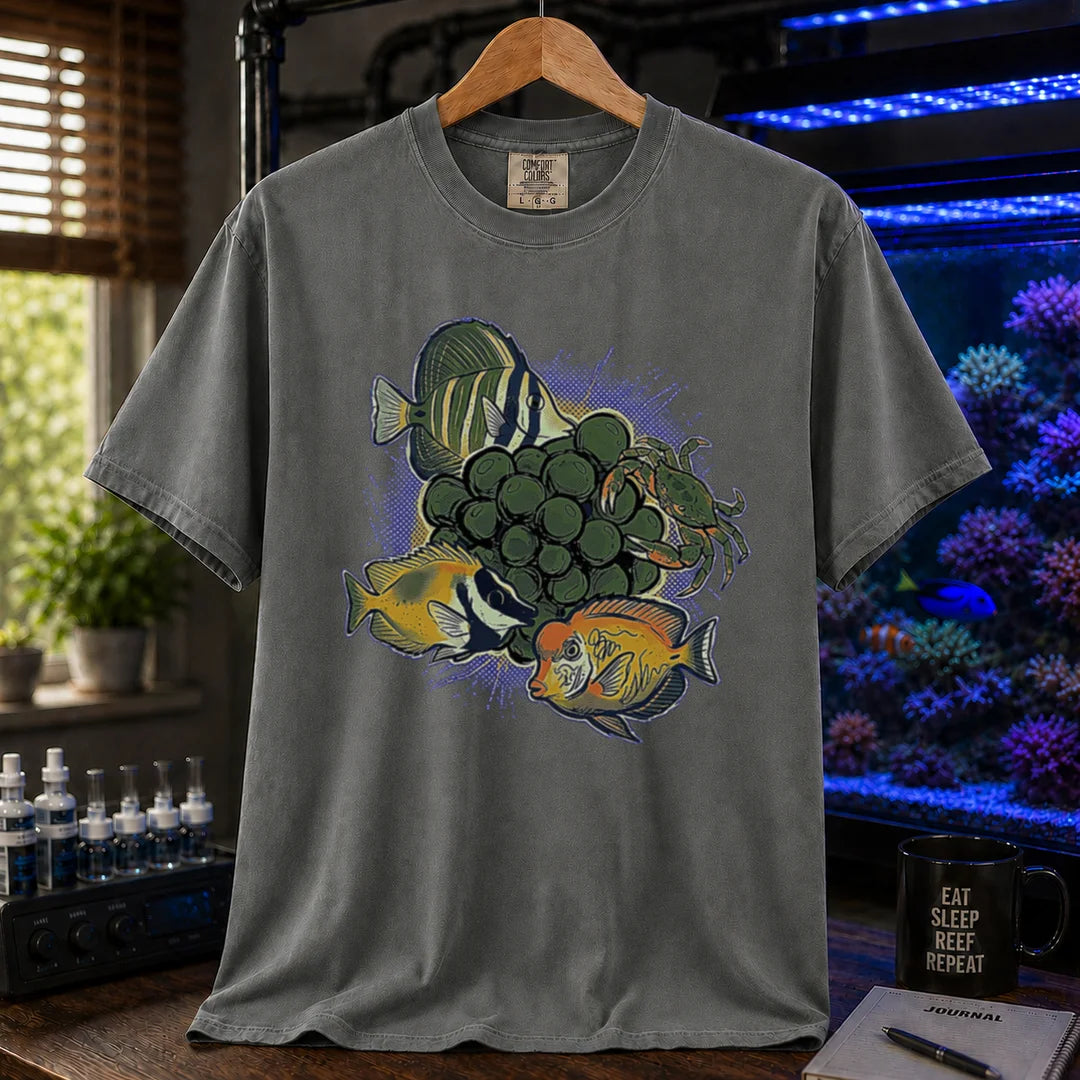Saltwater aquarium graphic t-shirt featuring bubble algae and cleanup crew fish/crab illustrations with text: BUBBLE ALGAE EATER, dark grey crew neck tee
