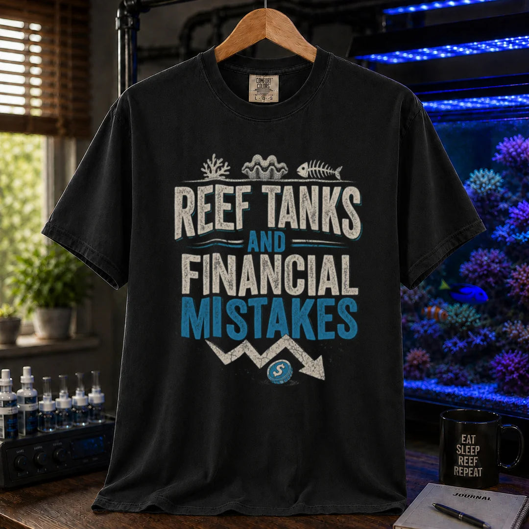Saltwater aquarium graphic t-shirt featuring financial chart graphics and text: REEF TANKS AND FINANCIAL MISTAKES, black crew neck tee